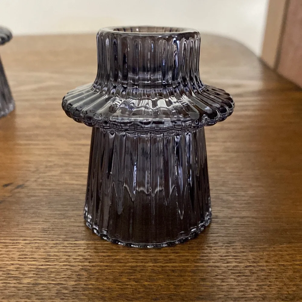 Three Ribbed Grey Glass Taper Candle Holders - Picture 2 of 4